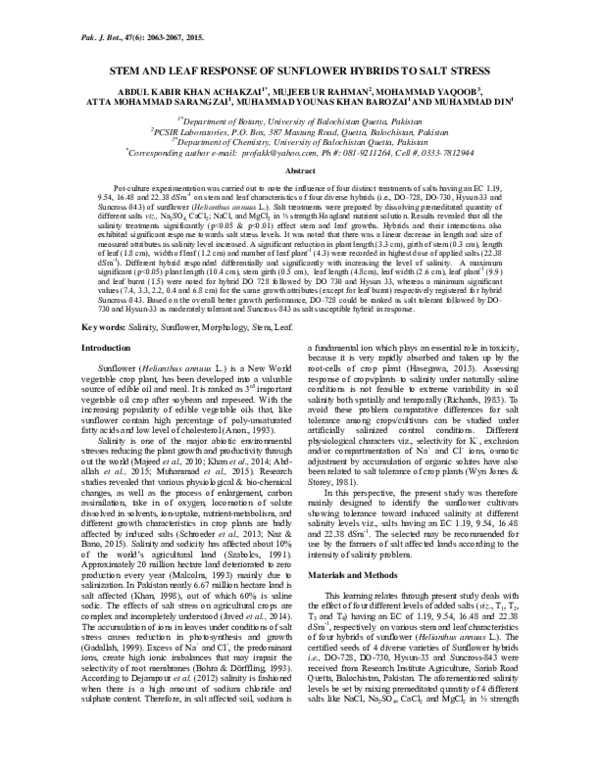 (PDF) Stem and Leaf Response of Sunflower Hybrids to Salt Stress