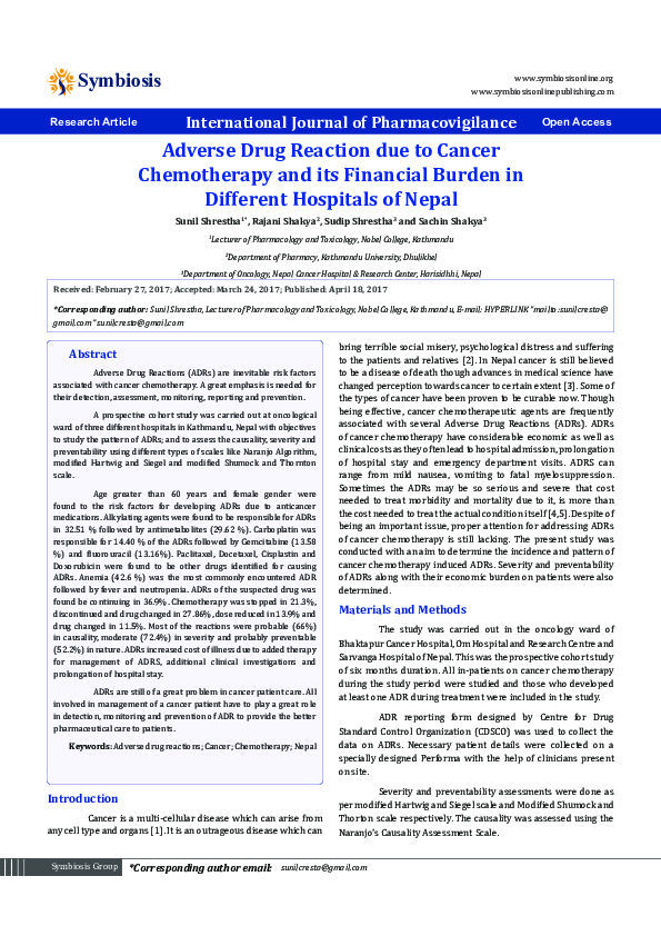 (PDF) Adverse Drug Reaction due to Cancer Chemotherapy and its ...