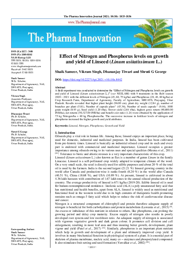(PDF) Effect of Nitrogen and Phosphorus levels on growth and yield of ...