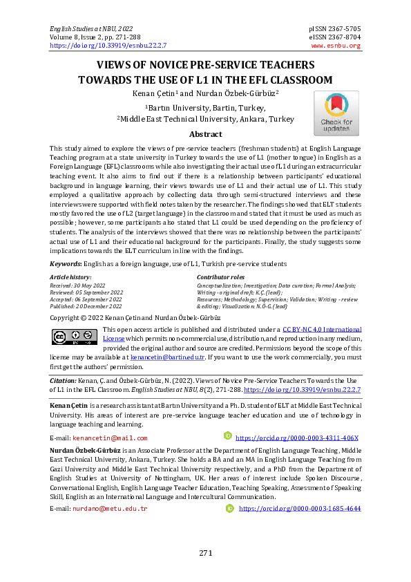 (PDF) Views of Novice Pre-Service Teachers Towards the Use of L1 in the ...