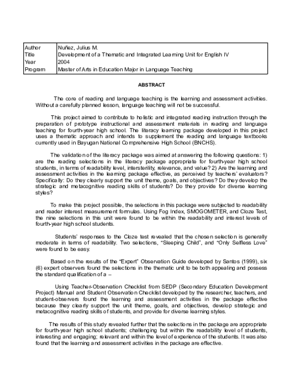 (PDF) Development of a Thematic and Integrated Learning Unit for English IV