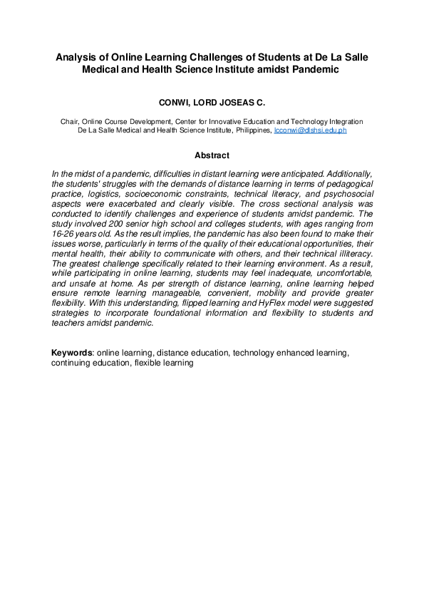(PDF) Analysis of Online Learning Challenges of Students at De La Salle ...