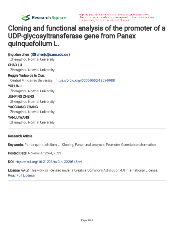 (PDF) Cloning and functional analysis of the promoter of a UDP ...