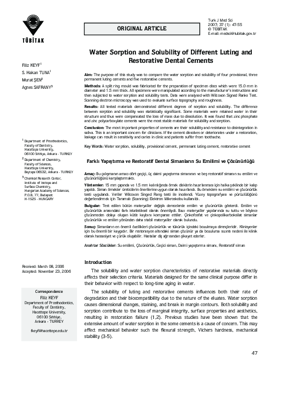 (PDF) Water Sorption and Solubility of Different Luting and Restorative