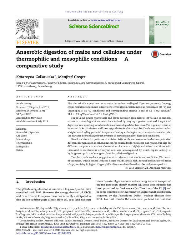 (PDF) Anaerobic digestion of maize and cellulose under thermophilic and ...