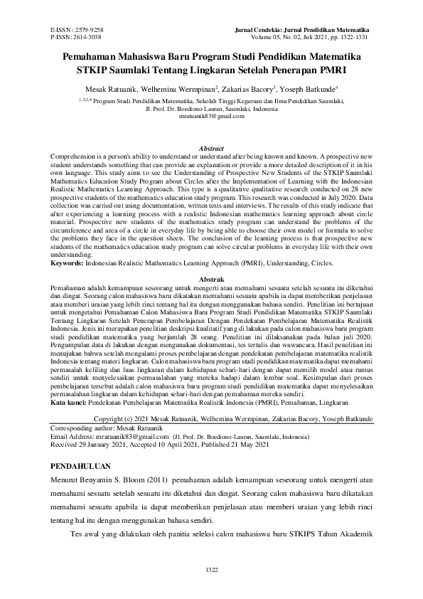 (PDF) Pemahaman Mahasiswa Baru Program Studi Pendidikan Matematika ...
