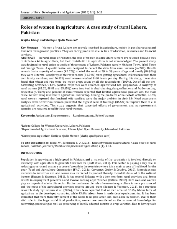 (PDF) Roles of women in agriculture: A case study of rural Lahore, Pakistan