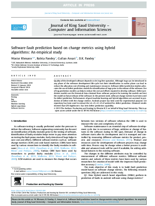 (PDF) Software fault prediction based on change metrics using hybrid ...