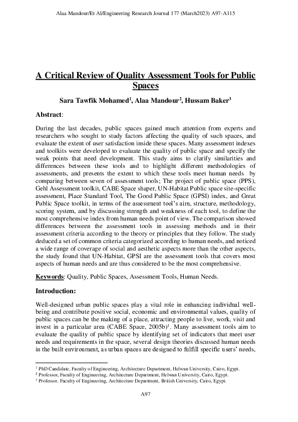 (PDF) A Critical Review of Quality Assessment Tools for Public Spaces