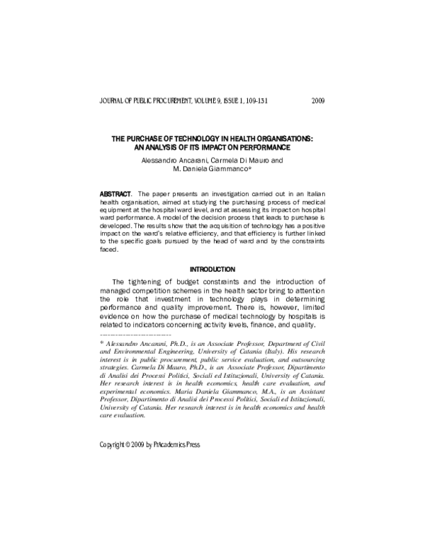 (PDF) The purchase of technology in health organisations: an analysis ...