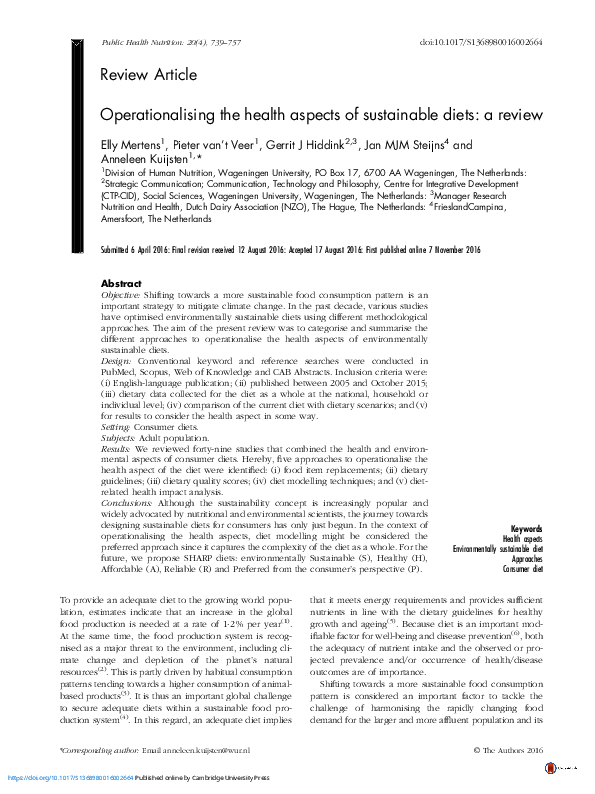 (PDF) Operationalising the health aspects of sustainable diets: a review