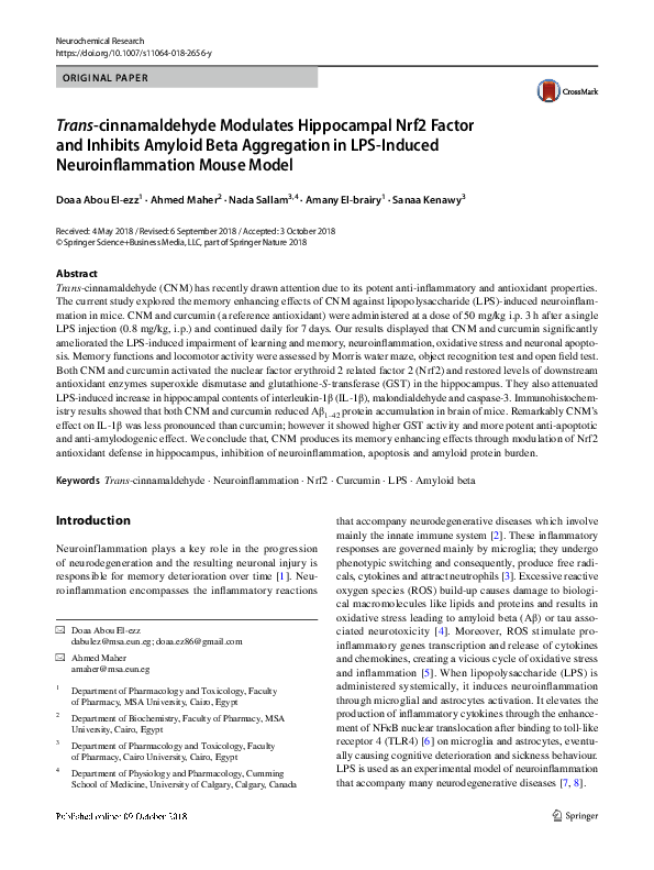 (PDF) Trans-cinnamaldehyde Modulates Hippocampal Nrf2 Factor and ...