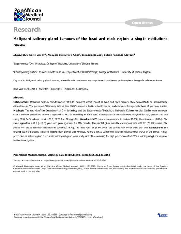 (PDF) Malignant salivary gland tumours of the head and neck region: a ...