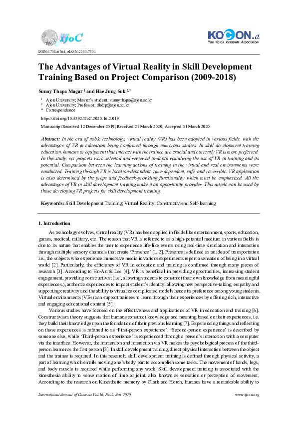 (PDF) The Advantages of Virtual Reality in Skill Development Training ...