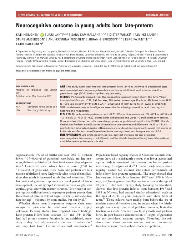 (PDF) Neurocognitive outcome in young adults born late-preterm
