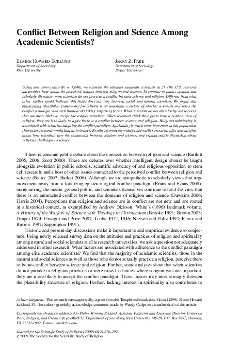 (PDF) Conflict Between Religion and Science Among Academic Scientists?