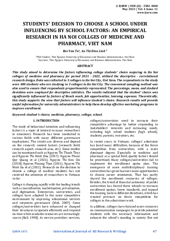 (PDF) STUDENTS' DECISION TO CHOOSE A SCHOOL UNDER INFLUENCING BY SCHOOL ...
