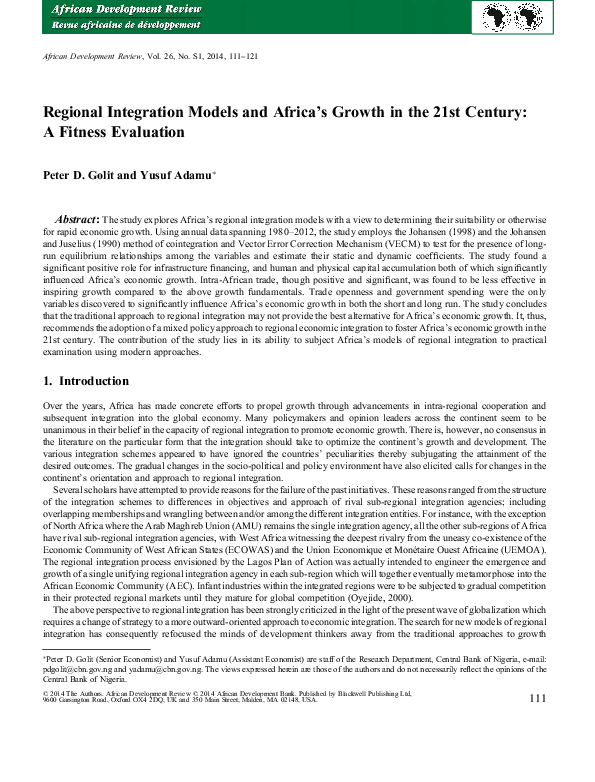 (PDF) Regional Integration Models and Africa's Growth in the 21st ...