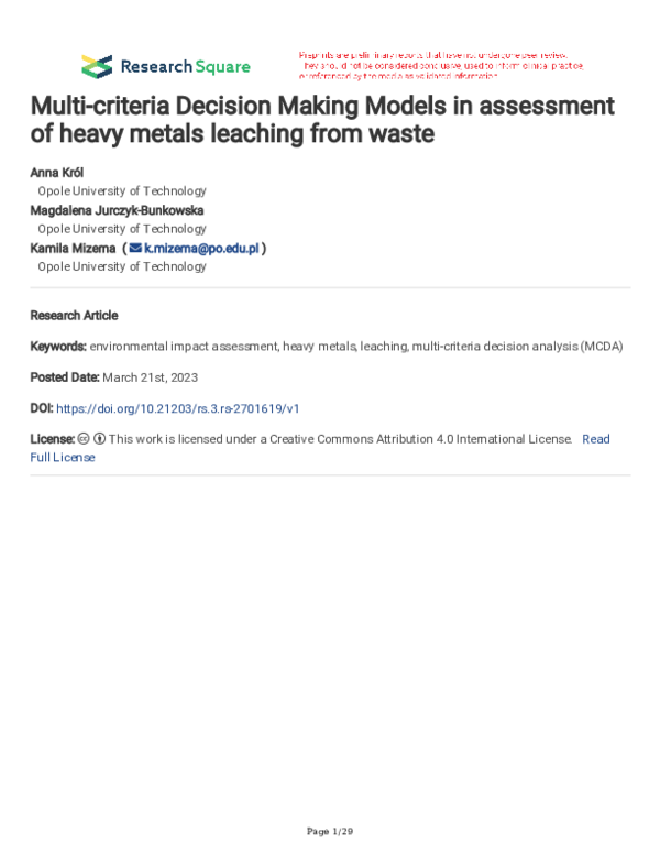 (PDF) Multi-criteria Decision Making Models in assessment of heavy ...