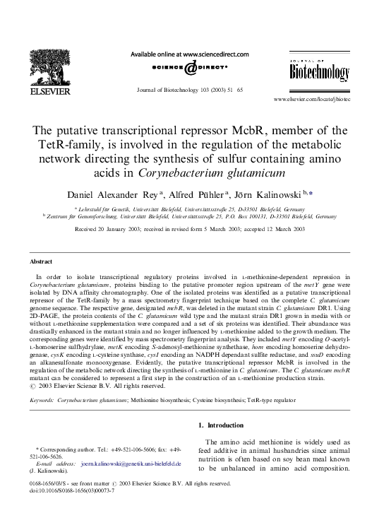(PDF) The putative transcriptional repressor McbR, member of the TetR ...