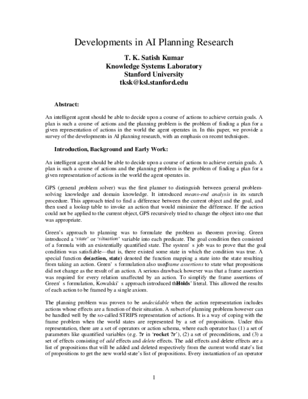 (PDF) 1 Developments in AI Planning Research