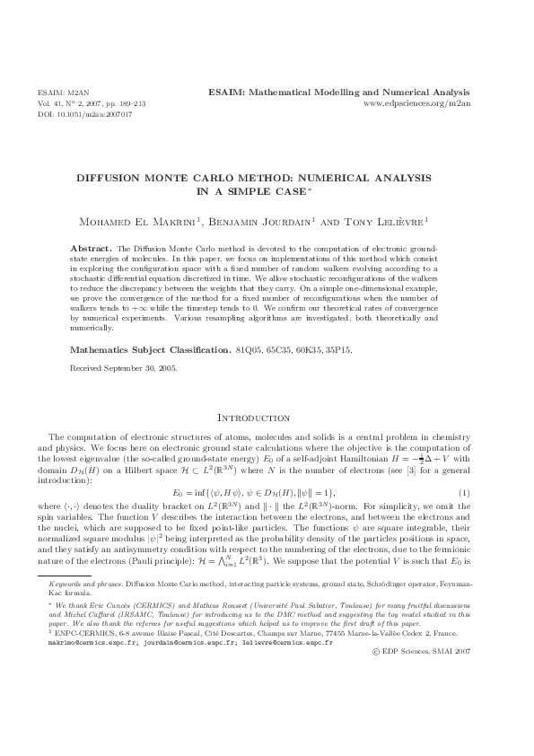 (PDF) Diffusion Monte Carlo method: Numerical Analysis in a Simple Case