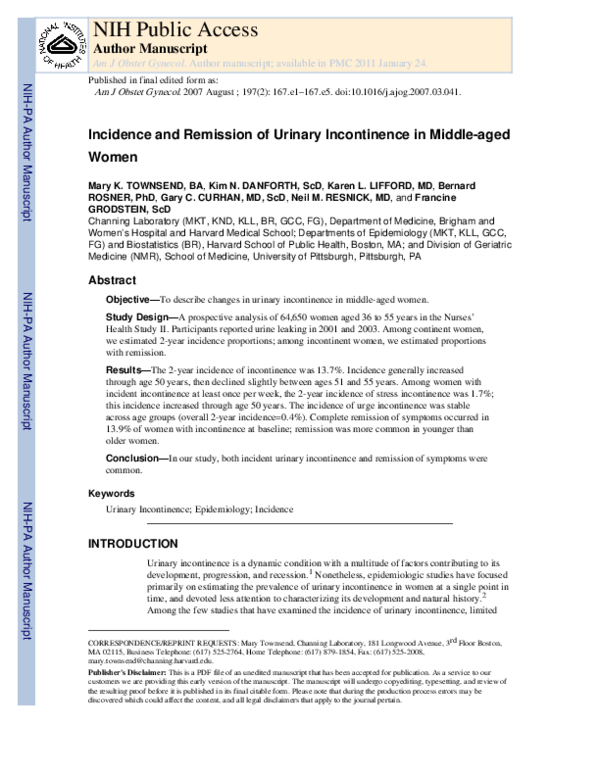 (PDF) Incidence and remission of urinary incontinence in middle-aged women