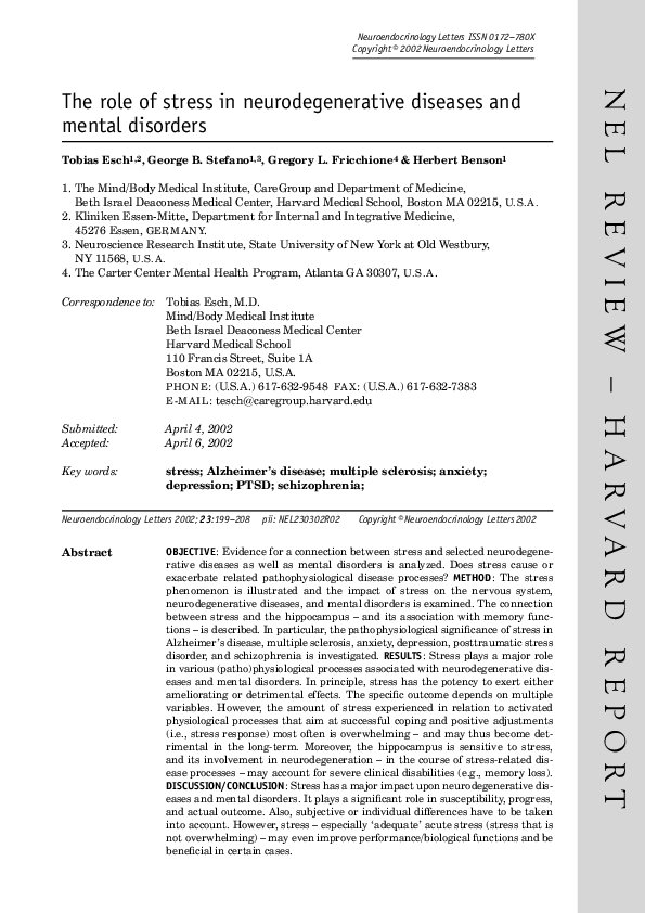 (PDF) The role of stress in neurodegenerative diseases and mental disorders