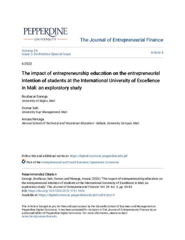 (PDF) The impact of entrepreneurship education on the entrepreneurial ...