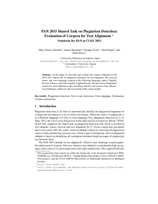 (PDF) PAN 2015 Shared Task on Plagiarism Detection: Evaluation of ...