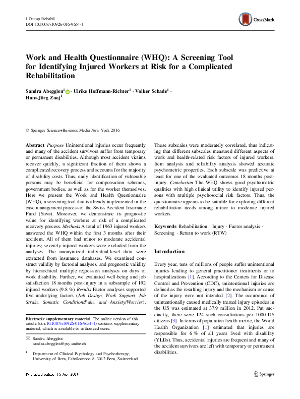 (PDF) Work and Health Questionnaire (WHQ): A Screening Tool for ...
