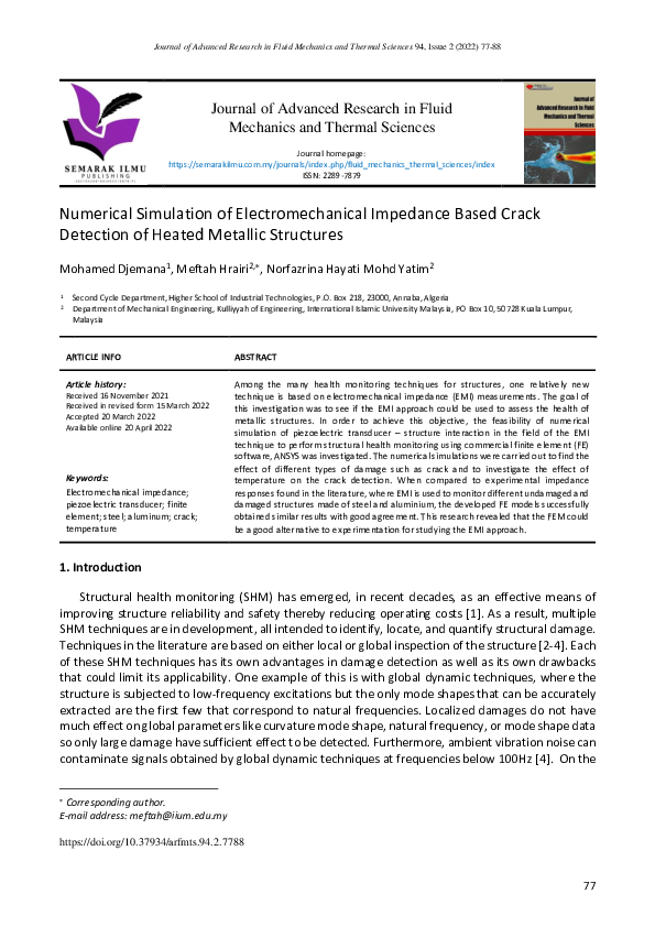 (PDF) Numerical Simulation of Electromechanical Impedance Based Crack ...