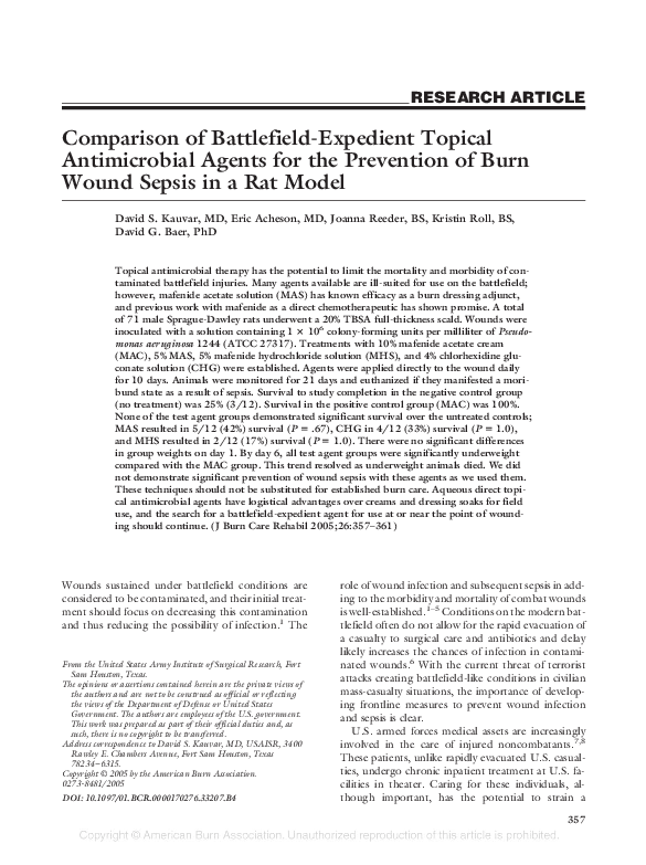 (PDF) Comparison of BattlefieldExpedient Topical Antimicrobial Agents