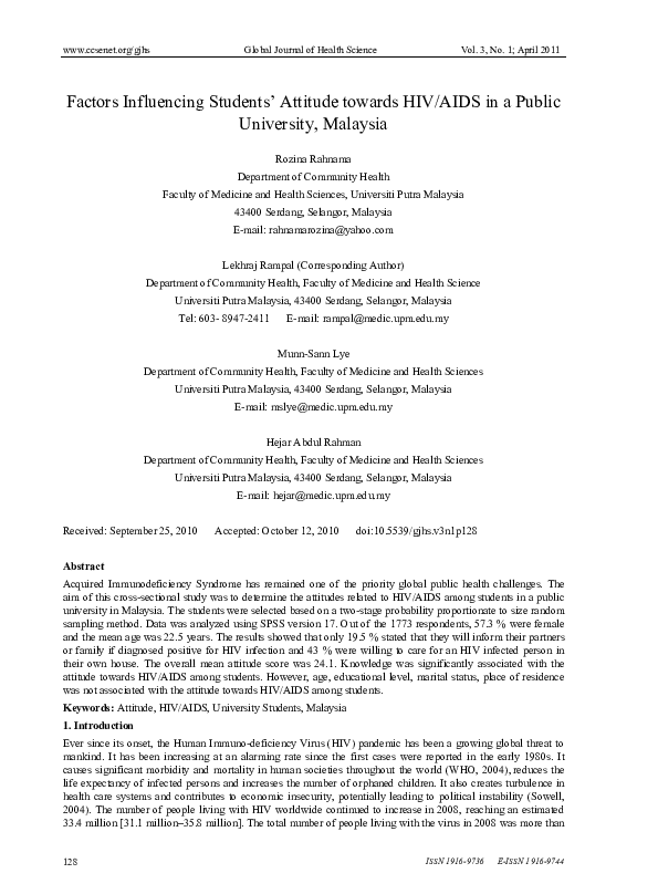 (PDF) Factors Influencing Students' Attitude towards HIV/AIDS in a ...
