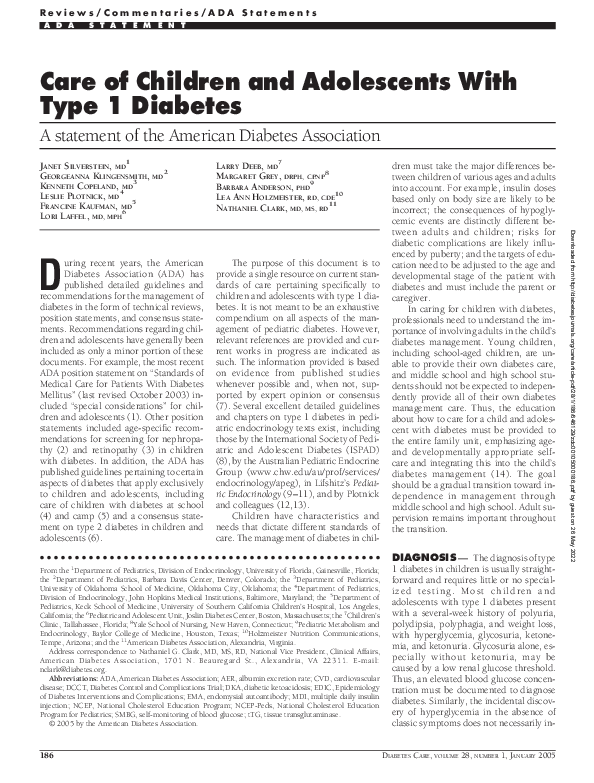(PDF) Care of Children and Adolescents With Type 1 Diabetes | Francine ...
