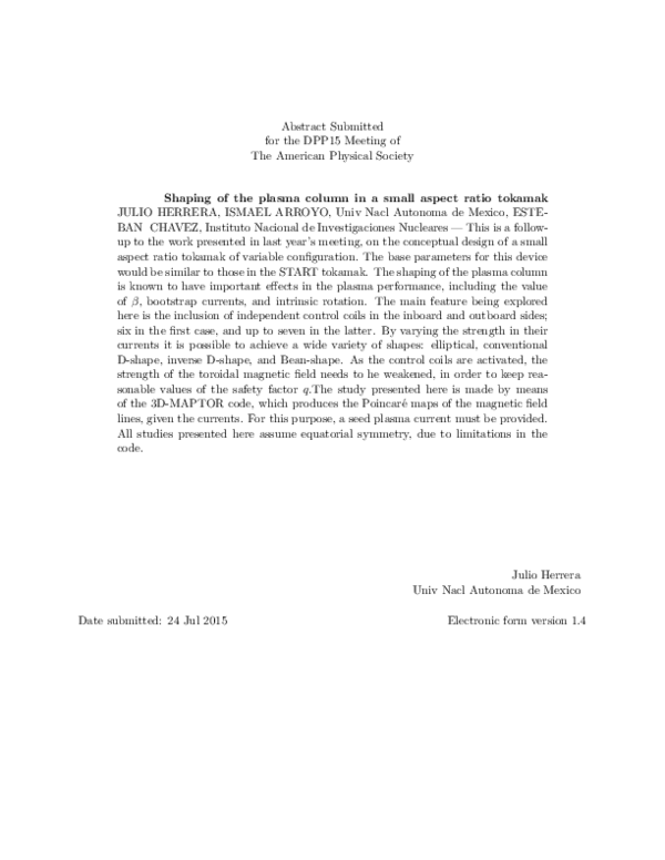 (PDF) Shaping of the plasma column in a small aspect ratio tokamak