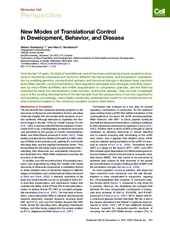 (PDF) New Modes of Translational Control in Development, Behavior, and ...