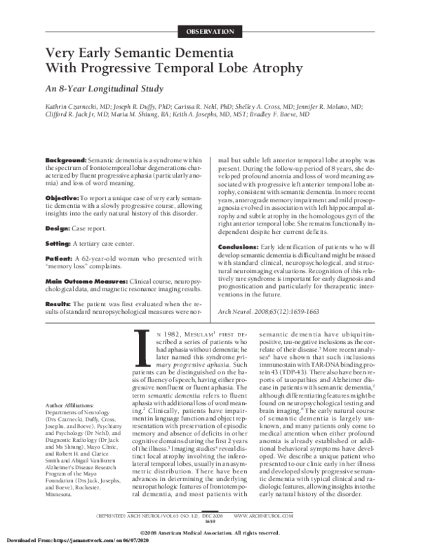 (PDF) Very Early Semantic Dementia With Progressive Temporal Lobe Atrophy