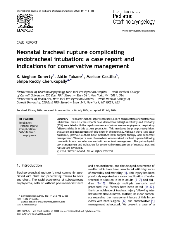(PDF) Neonatal tracheal rupture complicating endotracheal intubation a