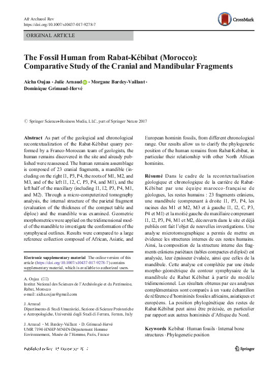 (PDF) The Fossil Human from RabatKébibat (Morocco) Comparative Study