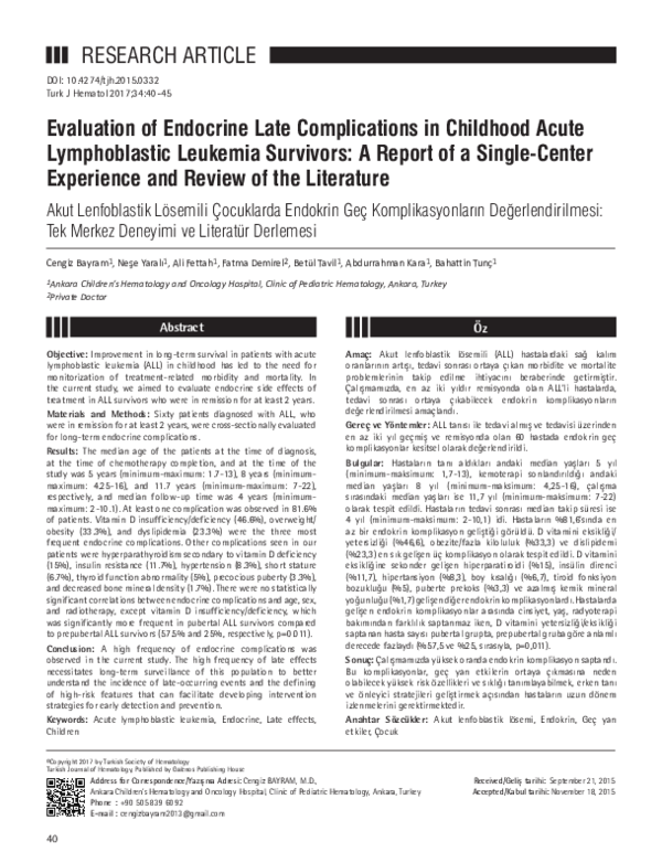 (PDF) Evaluation of Endocrine Late Complications in Childhood Acute ...