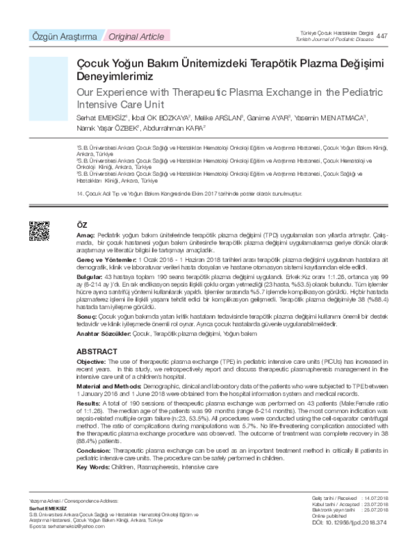 (PDF) Our Experience with Therapeutic Plasma Exchange in the Pediatric ...
