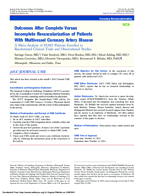 (PDF) Outcomes After Complete Versus Incomplete Revascularization of ...