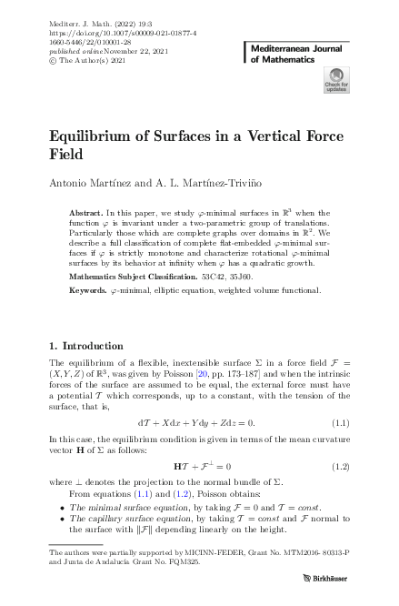(PDF) Equilibrium of Surfaces in a Vertical Force Field | Antonio José ...
