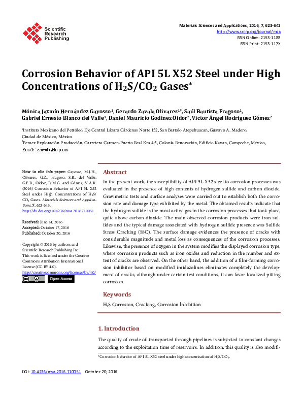 (PDF) Corrosion Behavior of API 5L X52 Steel under High Concentrations ...