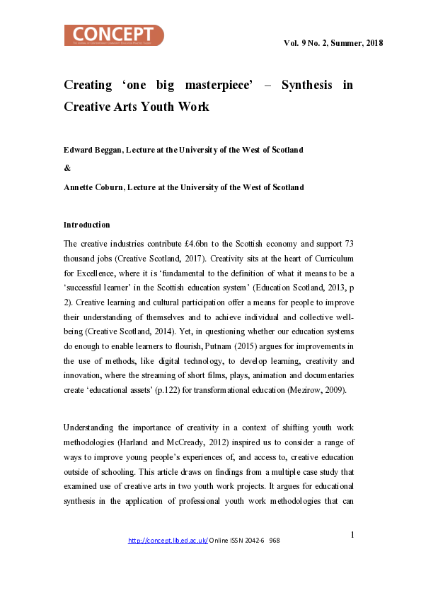 (PDF) Creating ‘one big masterpiece’ – Synthesis in Creative Arts Youth ...