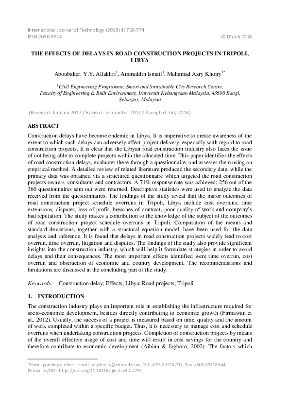 (PDF) The Effects of Delays in Road Construction Projects in Tripoli, Libya