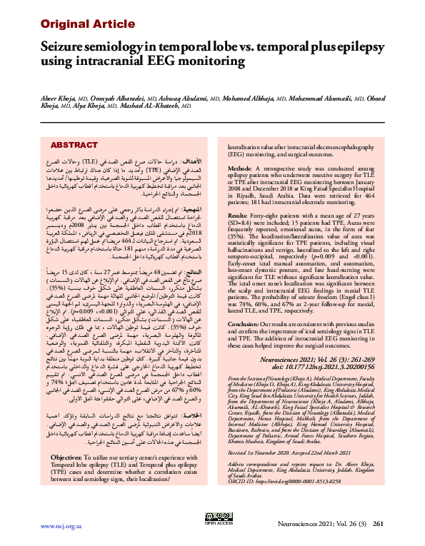 (PDF) Seizure semiology in temporal lobe vs. temporal plus epilepsy using intracranial EEG