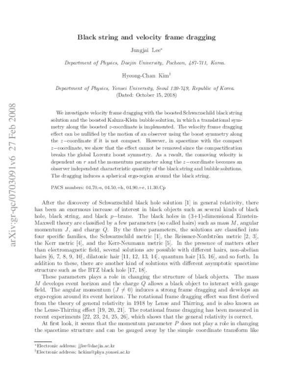 (PDF) Black String and Velocity Frame Dragging