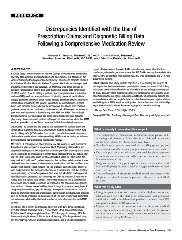 (PDF) Discrepancies identified with the use of prescription claims and ...